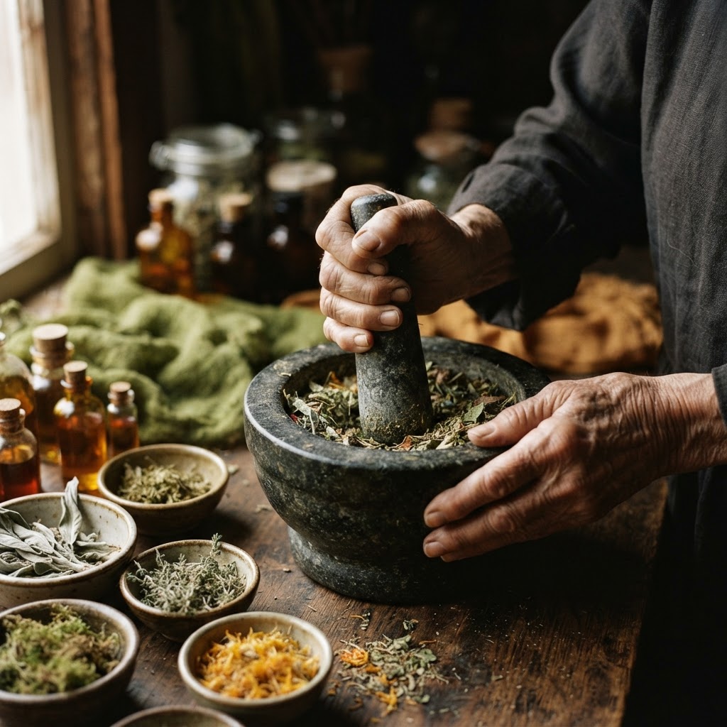 Healer's hands grinding herbs in a mortar